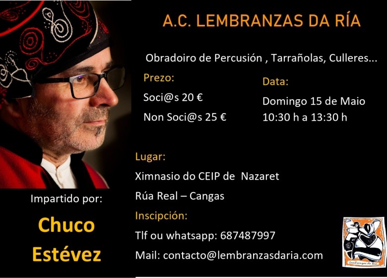 GALAXIA ETRAD. Obradoiro de percusión por Chuco Estévez. Cangas. 15/Mai. 10:30-13:30