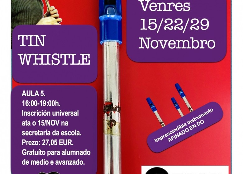 Curso: TIN WHISTLE. Xosé Liz. VENRES 15/22/29//NOV. AULA 5.  16:00-19:00h. EXTRAESCOLARES ETRADVIGO 2024-25
