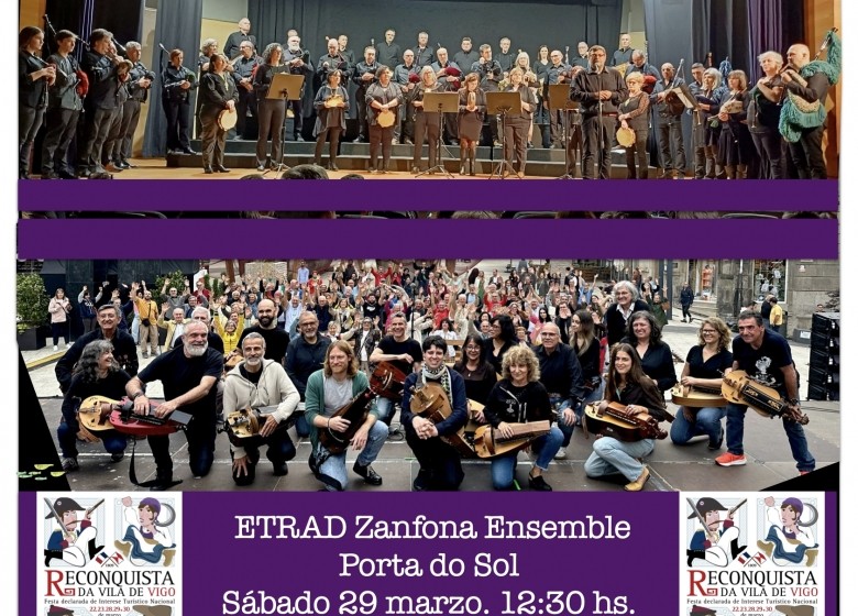 A ETRAD na Reconquista. PORTA DO SOL. Banda de Gaitas e Percusión. Venres 28. 18:00hs. ETRAD Zanfona Ensemble. Sábado 29. 12:30 hs.