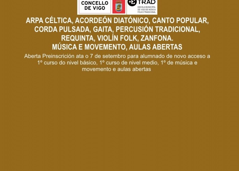 Aberta Preinscrición ata o 7 de setembro para alumnado de novo acceso a 1º curso do nivel básico, 1º curso de nivel medio, 1º de música e movemento e aulas abertas.